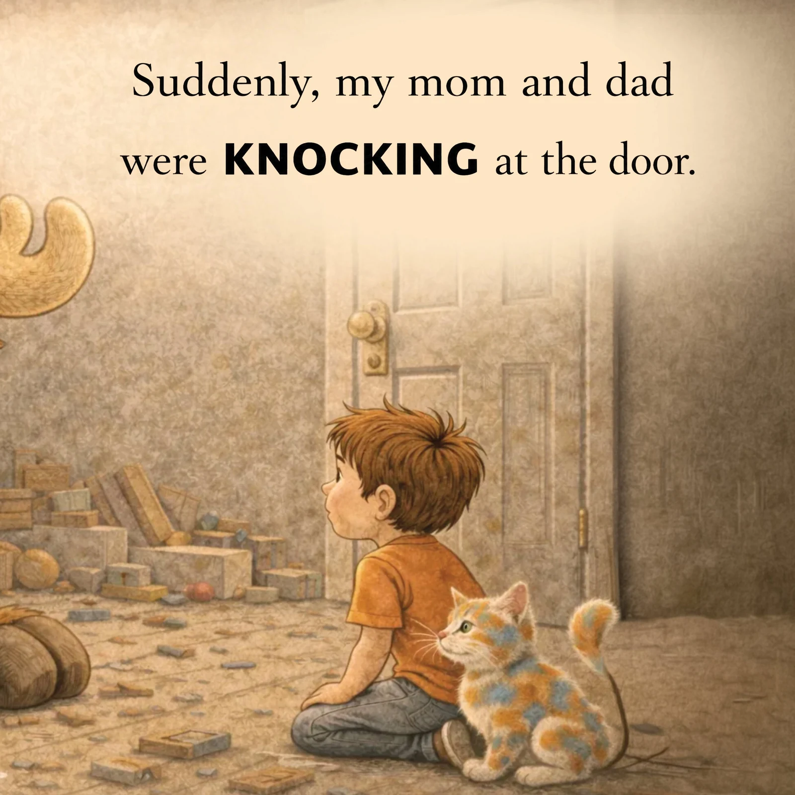 A worried boy sits with his parents and cat in the attic
