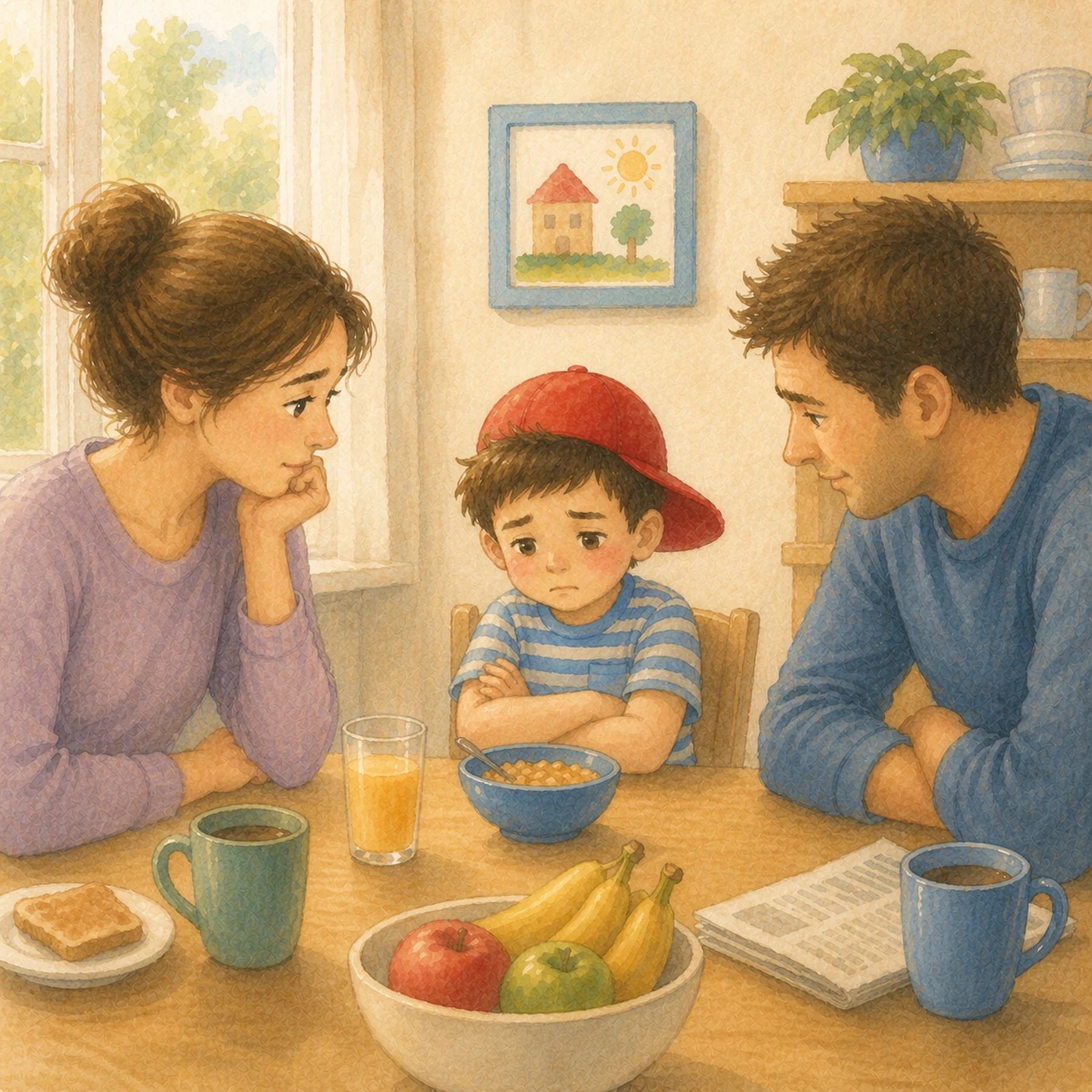 A boy sits at breakfast while his parents listen to him