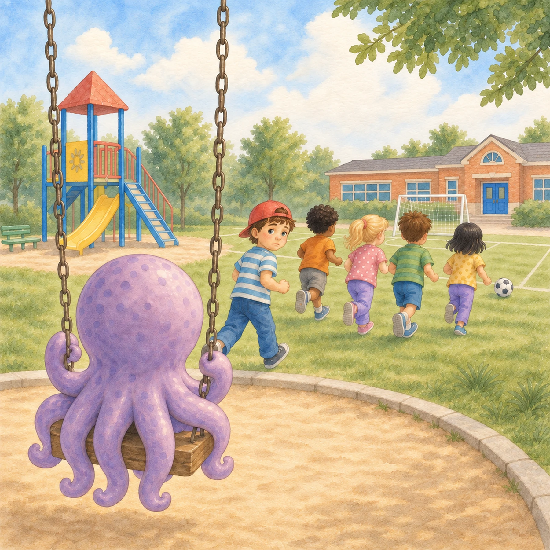 The boy looks back at the octopus on a swing while classmates run toward a soccer field