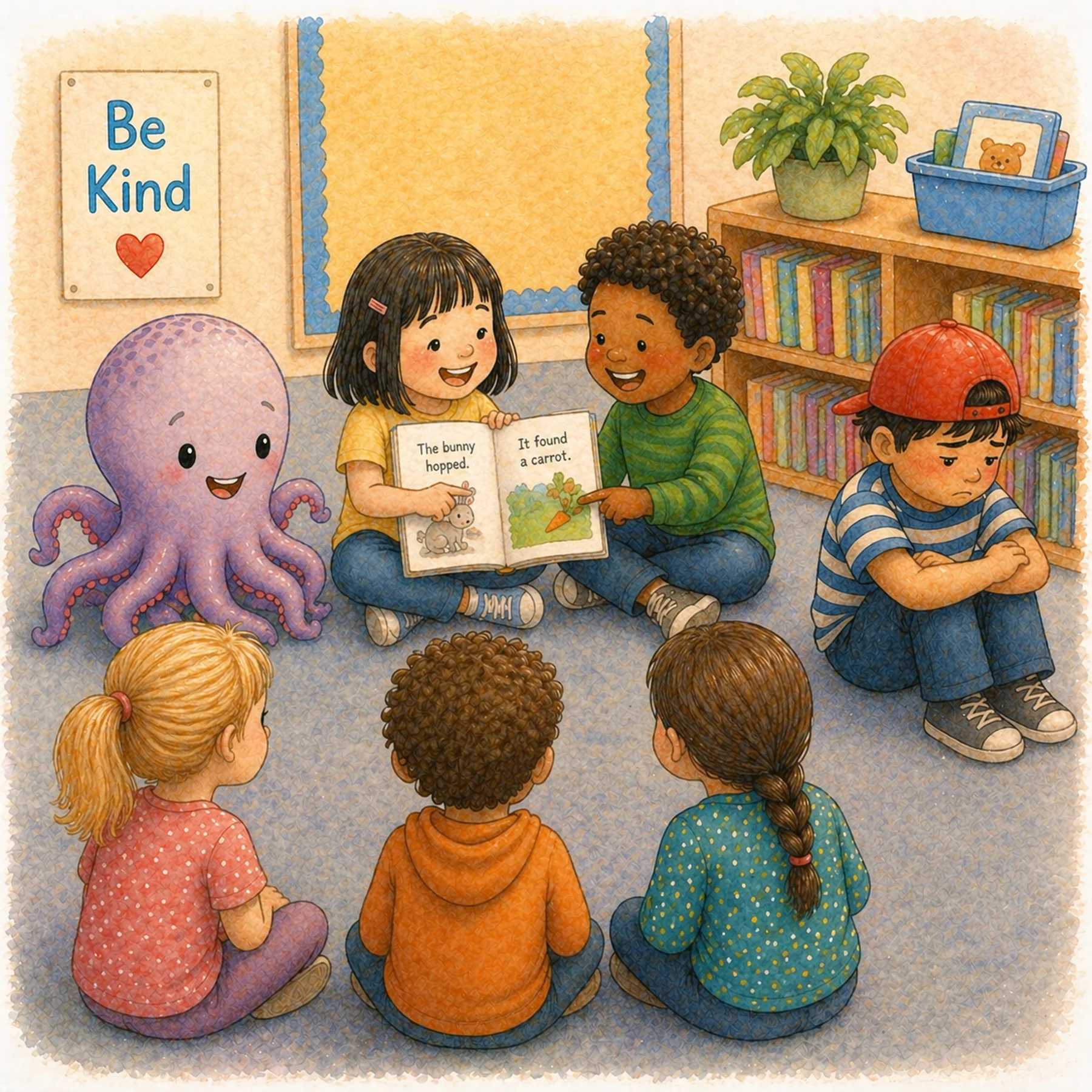 A boy sits apart with an unhappy expression while the octopus participates in a classroom reading circle