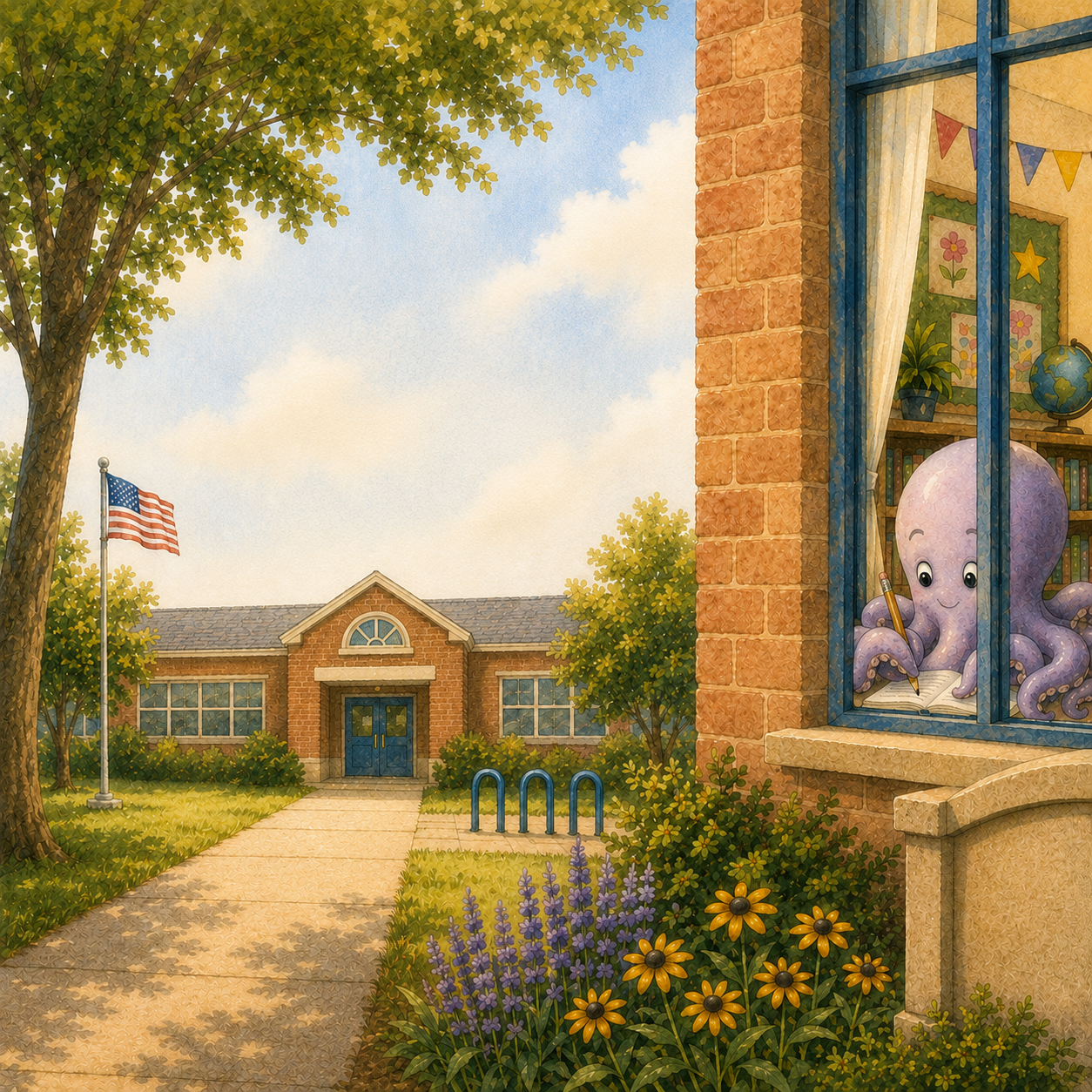 Watercolor schoolyard with the octopus visible through a classroom window
