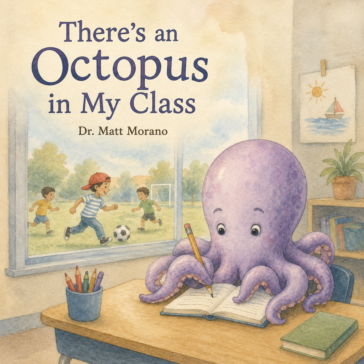 Interior title page showing the octopus working in class while children play outside